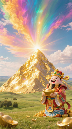 草原中间有一座大金山。发出耀眼的光芒,中国元素的财神爷笑呵呵的站在旁边,金山金光闪闪,天空中五彩斑斓