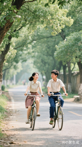 八十年代绿树成萌骑自行车的帅美女欢声笑语