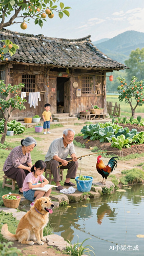 中国传统田园生活场景爷爷钓鱼奶奶洗衣和孩子们玩耍