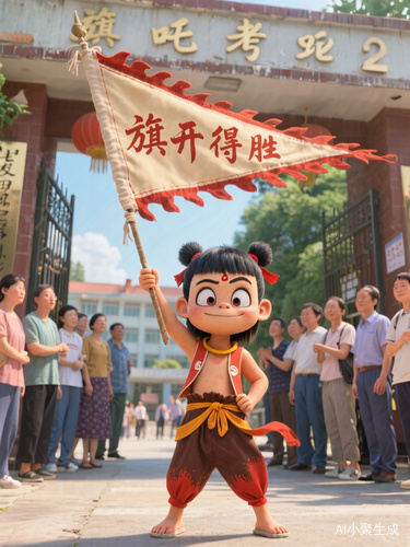 哪吒2高考考场外哪吒高举旗帜激励考生