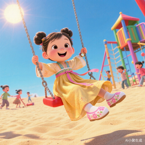 皮克斯风格的唐装小女孩在秋千上嬉戏的快乐场景