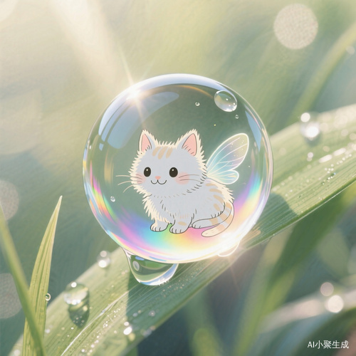 清晨水珠中的猫咪水精灵与阳光折射的色彩