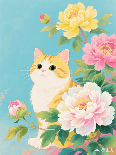 美丽多巴胺插画萌猫与牡丹花绚丽景色
