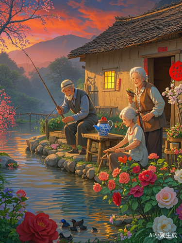乡村黄昏老年夫妇湖边生活的宁静画卷