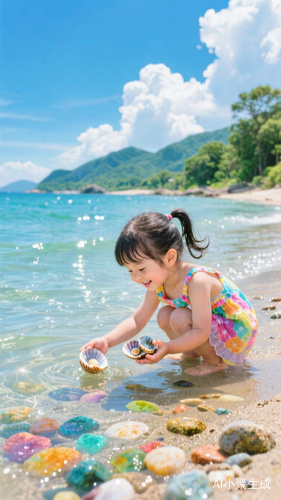 海边田园风格的小女孩与彩石贝壳的幸福时光