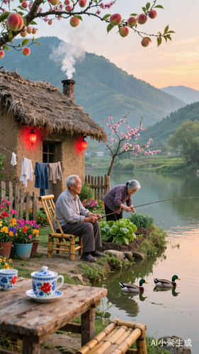 乡村傍晚温馨画面老年夫妇清闲生活