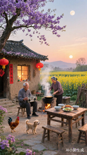 中国传统田园风格,黄昏,乡村小院场景,土坯房挂红灯笼与春联,屋内透出暖光 ,一位中国老爷爷坐凳手持收音机 ,院子里木桌配木凳,放着碗筷菜肴 ,中国老奶奶在做饭,土灶生火冒炊烟 ,一只小狗和两只鸡院中行走 。繁花盛开,大树满是紫花 ,远处金黄花田,天空明月初升 ,整体氛围温馨静谧 。