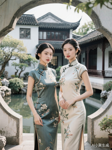 生成两个新中式绝色美女,背景民国最高级苏州园林别墅,装饰仿现代
