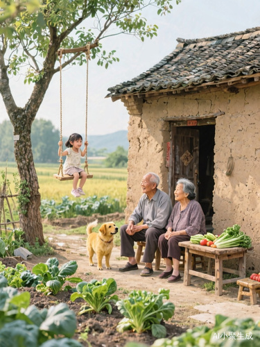 中国传统田风格,一个农村的泥墙瓦屋,门口有一个菜园,一个中国老爷爷和老奶奶坐在门前的凳子上,旁边有一个小桌子,桌子上有一些蔬菜,有一个小黄狗站在旁边,旁边有一棵树,树上有一个小秋千,小女孩在上面玩秋千,白天。