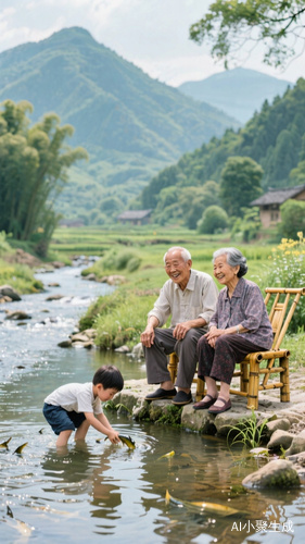 中国文中国文法传统。田园风格。是生活是前面有一条溪,后面还有山阮子里坐着一个中国老爷爷,老奶奶,他们正愉快地说笑一副幸福的模样,坐靠椅上,专注小男孩在水里模鱼。