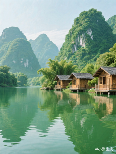 桂林山水,碧绿的湖水,群山,几间精致木屋,绿色背景,治愈,意境,高清摄影