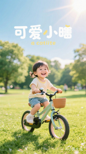 中文提示词:可爱萌娃骑着自行车,脸上洋溢着开心的笑容,背景是充满生机的公园草地,阳光明媚,整体风格温馨治愈。英文提示词:A cute little kid is riding a bicycle, with a happy smile on the face. The background is a vibrant park lawn and the sun is shining brightly. The overall style is warm and healing.