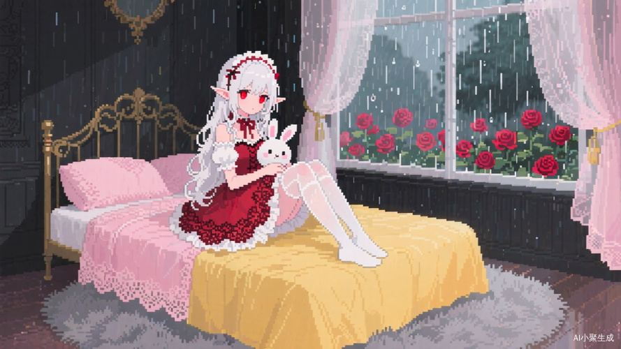 日式动漫风少女在血色玫瑰园中的唯美场景