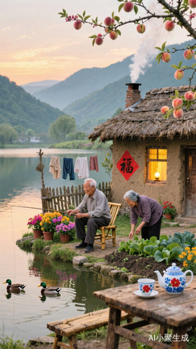 乡村傍晚时分，一对老年夫妇在湖边小屋，小屋为茅草屋顶，土坯墙面，墙上贴有红色“福”字，屋内透出暖黄色灯光 ，烟囱冒着袅袅炊烟。小屋旁有木栅栏，上面晾晒着衣物，栅栏边摆放色彩缤纷的花卉盆栽。一位中国老爷爷老人坐在竹椅上专注钓鱼，另一位中国老奶奶弯腰在菜园劳作。屋前湖水清澈，水面上游着两只鸭子。周边环境有青山环绕，远处山峦朦胧，天空呈现黄昏色调，屋旁桃树枝头挂满桃子果实，屋前摆放古朴木桌木凳，桌上有蓝白相间的茶壶和带红花图案的茶杯，整体氛围宁静祥和、充满生活气息 。
