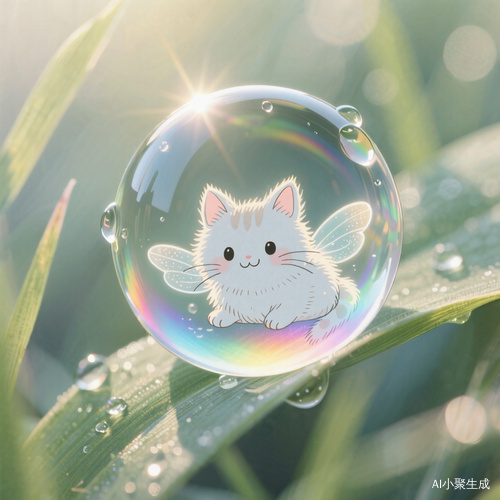特写水珠里面的猫咪,清晨的草叶上悬挂着一滴大大晶莹剔透的水珠,在阳光映照下折射出七彩光芒,水珠内部可见一只可爱微笑的猫咪水精灵,它有着毛茸茸的耳朵、圆溜溜的眼睛和一对透明的翅膀,正慵懒地漂浮在水滴中央,光影渐变,清晨的、晶莹的、剔透的、七彩的、可爱的、毛茸茸的、圆溜溜的、透明的、慵懒的。葛饰北斋。浮世绘风格。精细的线条勾勒出水珠和猫咪水精灵的轮廓,柔和的光影营造出清晨的朦胧氛围,色彩清新明亮,背景虚化突出主体。特写镜头聚焦在水滴和猫咪水精灵上,光线从上方斜射,形成高光和阴影的对比,猫咪毛发清晰,