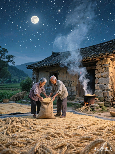 中国传统田园风格，夜晚，满天星斗，皎月高挂天空，一间石墙瓦房，炊烟袅袅，院中铺满了白天凉晒的小麦，爷爷奶奶正在往布袋里装小麦。