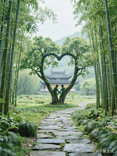 江南的竹子风景，两边是绿色约竹子，中间有一条石板小路，爱心形壮约树，两颗树象人一样相相互倚靠的远处有一坐寺庙。