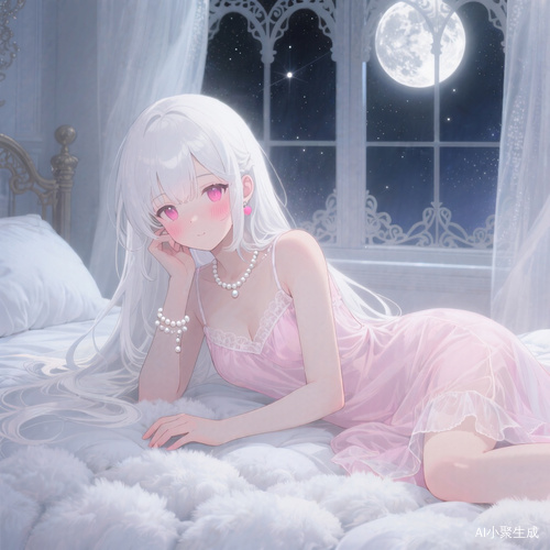 月光透过雕花窗棂轻柔洒落，白毛萝莉蜷卧在蓬松的白色羽绒床上，雪色长发凌乱铺展如银河倾泻。藕荷色薄纱睡裙半掩着纤弱肩头，露出天鹅般的脖颈，腕间珍珠手链随着不安分的指尖轻颤。她低垂粉眸，咬着泛着水光的下唇，樱桃小嘴欲张又合，泛着胭脂红的脸颊似熟透的蜜桃，朦胧的月光为她镀上一层温柔光晕，尽显娇怯又惹人怜爱的模样。