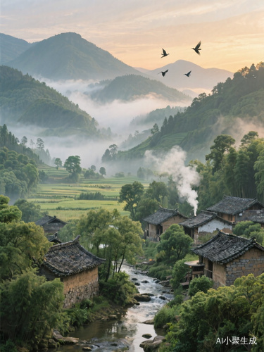 中国传统田园风格黄昏山水间的宁静景致