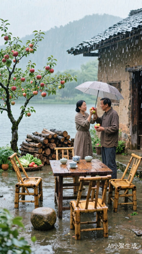 雨天乡村房子里的苹果树与温馨生活