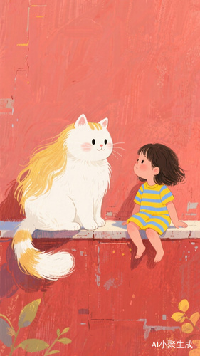 Cute White Cat and Little Girl in Colorful Healing Illustration