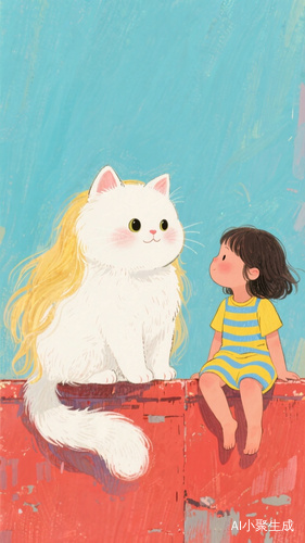 Cute White Cat and Little Girl in Colorful Healing Illustration