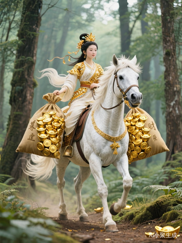 善财龙女骑白龙马携金元宝行于林海