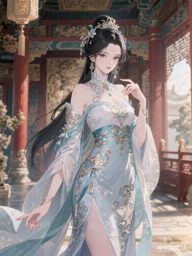 一个美艳至极的女子，精致的五官，手指纤细，身材完美衣着华丽神情冷艳，背景古代宫殿，女子占图片的一半多，