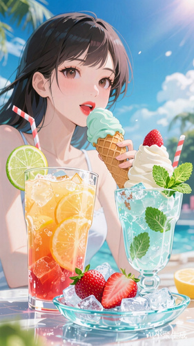 这个夏天🧊冰爽一下，一大杯果汁🍹，和一大杯草莓薄荷雪糕！冰盘🤗🥰，还有一个中国人美女红唇吃冰淇淋，特写镜头，二次元