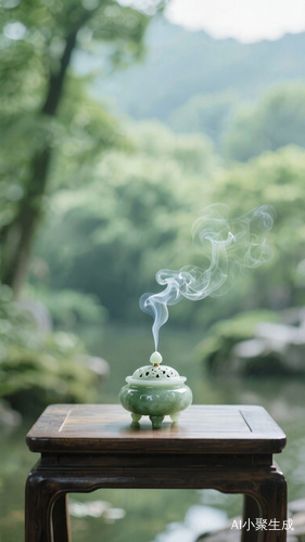 一张桌子，一个玉制的精致香炉，一缕烟缓缓飘散，此时忘却了尘世间的一世纷扰，缓解了一身的疲惫，内心一片安宁和平和，禅意风格，绿意背景，户外，全景，高清摄影，意境。治愈