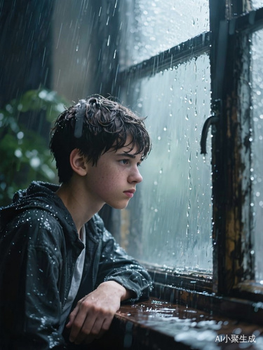 雨天，少年男生，忧郁场景，望着窗边默默发呆