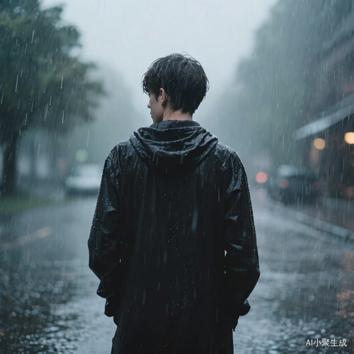 雨天，男生，忧郁场景，默默发呆，背影