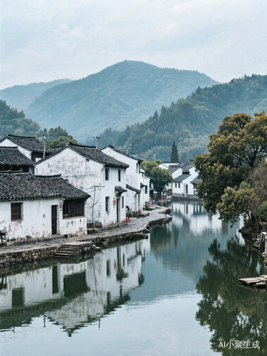 水村，山和水，白墙黑瓦的典型南方小村