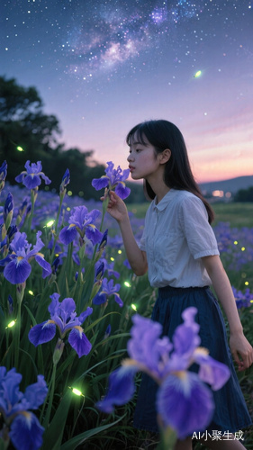 暮色：鸢尾花丛的蓝紫色反光萤火虫与星空的虚实交错，一个中国女孩大约十七岁，走过来，轻轻地闻着花香