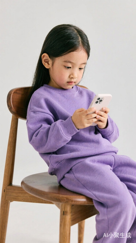 一个穿紫色衣服的小女孩坐在椅子上安静的看着手机。