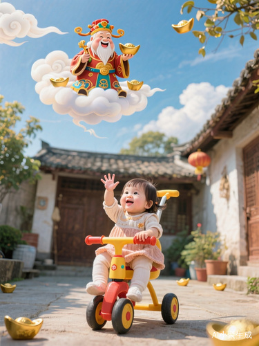 一个漂亮的不满一周岁的女宝宝正坐在院子里的童车上向着天空招着手，财神爷爷笑眯眯的乘着祥云来到院子上空，对宝宝说：宝宝，你的出生就让奶奶转运了！