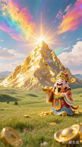 草原中间有一座大金山。发出耀眼的光芒，中国元素的财神爷笑呵呵的站在旁边，金山金光闪闪，天空中五彩斑斓