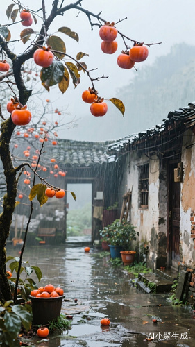 一个很老的小院子里,阴雨朦胧,院子里的柿子熟了