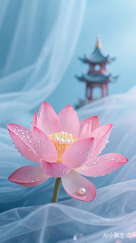 摄影图，背景轻纱蓝飘逸，一朵粉红色莲花莲，花瓣上露珠贝珍珠。发光发亮，远处一古风小塔。