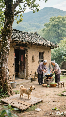 土墙瓦房门口有树地上有板含有小狗有两位老人在做饭
