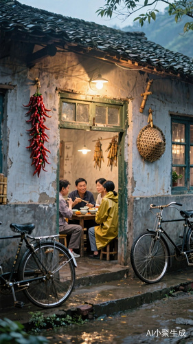 中国80年代的一个小屋,小屋亮着灯,门前一家人正围坐在一起吃饭,门口停着两辆自行车,28大杠,房子的墙上挂着辣椒,竹子编的的雨衣