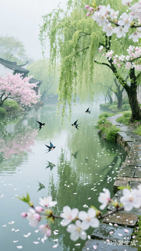 江南,绘出一幅生机勃勃的春日卷,池塘之胖垂柳树抽出鲜嫩的新绿,细长的柳技如丝绦般轻拂水面,数只春燕身姿轻盈,敏捷地掠过波光粼粼的水面,剪破了平静的倒影粉白相相间的壮丹娇艳欲望满,花辨上滚动着晶莹的露球似珍球般,尽显承露绽放之,微风拂过,飘落的花辨宛如雪花,悠悠杨扬地落入溪流随着蜿蜒的水:流缓缓漂荡,不运处,青石板铺就的小径上,湿润的痕散发着淡淡的绿意仿佛在诉诉说着岁月的古事。整个幅面充满了春天的气息,宁静而美。