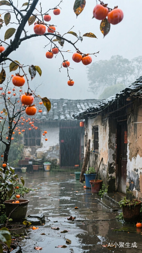 老院子里的阴雨与熟透的柿子