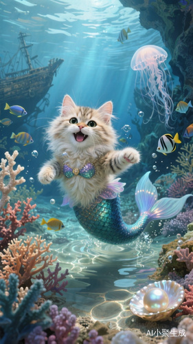 可爱小猫穿美人鱼尾服畅游珊瑚礁的奇幻海底世界
