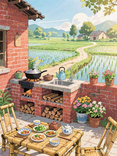 乡村砖房户外用餐区阳光下的美好时光