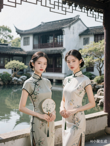 生成两个新中式绝色美女,背景民国最高级苏州园林别墅,装饰仿现代