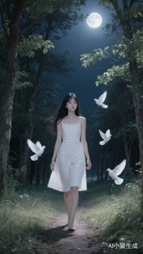 夜色静谧而温柔,一位美丽的女孩缓步行走在林间小径上,月光透过树梢洒落在她的身影上,映出柔和的光辉。她拥有一头柔顺的黑色长发,微微随风飘动,深邃的黑眼珠倒映着夜色,闪烁着宁静而神秘的光芒。她身着白色格纹连衣裙,在微光的映衬下显得清新而雅致,仿佛与这静谧的森林融为一体。几只洁白的鸽子在她身旁轻盈地飞舞,划破夜空的沉静,带来一丝柔和的生机。树叶轻轻摇曳,林间弥漫着淡淡的草木芬芳,夜晚的幽静与生灵的灵动交织,勾勒出一幅诗意而宁和的画面。