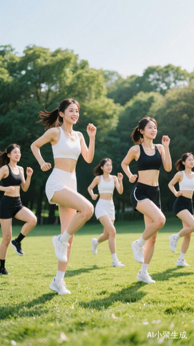 一群身材矫健,阳光帅气的女性年轻人,在绿地上运动,充满活力