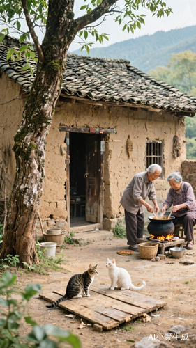 土墙瓦房门口有树地上有板含有只小猫有两位老人在做饭