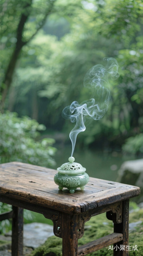 一张桌子，一个玉制的精致香炉，一缕烟缓缓飘散，此时忘却了尘世间的一世纷扰，缓解了一身的疲惫，内心一片安宁和平和，禅意风格，绿意背景，户外，全景，高清摄影，意境。治愈